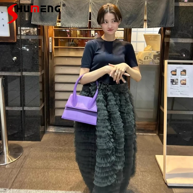 

Japanese Fashion Sweet Mesh Puffy Skirts Spring and Autumn 2025 Girls Women High Waist Slim Elegant Long Skirt Lady Daily Skirt