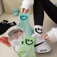 Summer New Cotton Women Socks Smile Print Stripes Funny Sock Unisex Harajuku Female Casual Cute Socks Woman Sox Meias