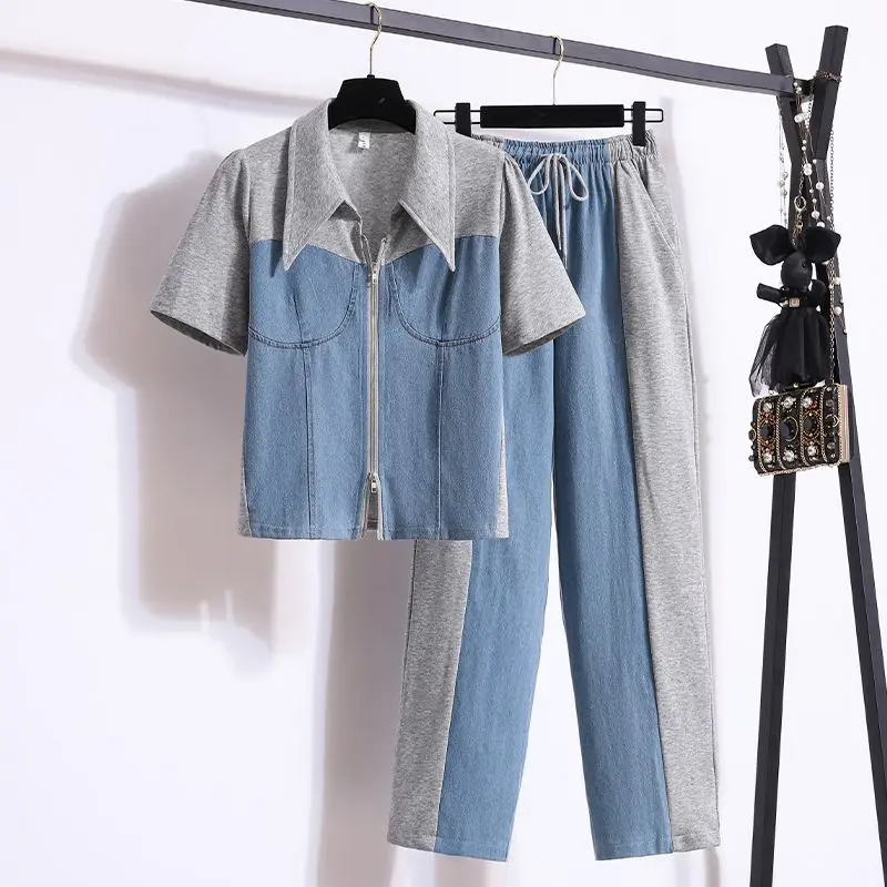 Summer Denim Splice Two-piece Set For Women Collar Jacket Tops And Wide Leg Pants Female Large Size Black White Gray Match Suits