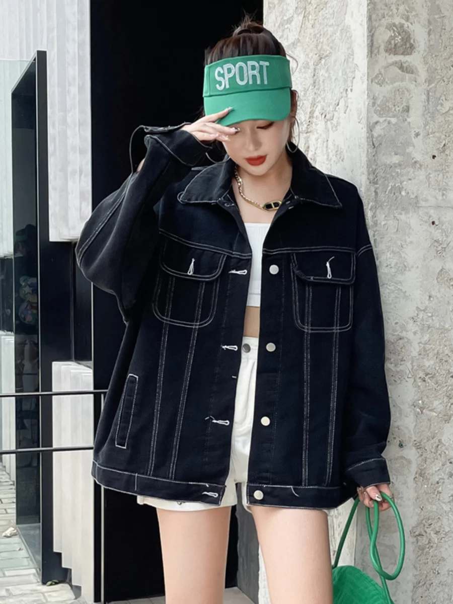 Cartoon Beaded Cute Rhinestone Bear Loose Denim Women's Western Style Black Jean Jacket Coat Top 2023 New Autumn Clothes