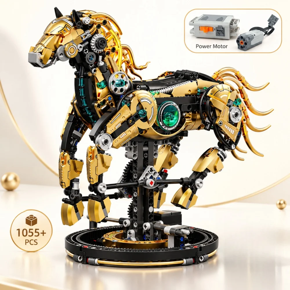 1055pcs Technical Mechanical Horse Building Blocks, Gear Linkage Articulated Animal Model Desktop Decor, Creative Gift