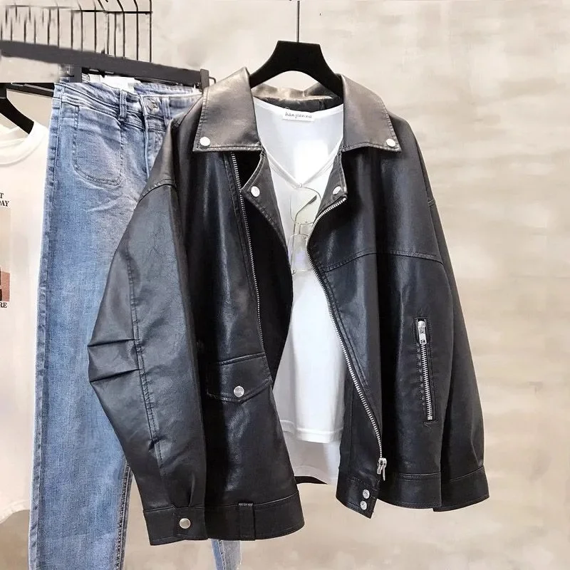 Wysokiej jakości płaszcz ze skóry PU damski 2025 wiosna jesień nowa amerykańska odzież wierzchnia damska fajna kurtka skórzana w stylu fan wagon płaszcz damski