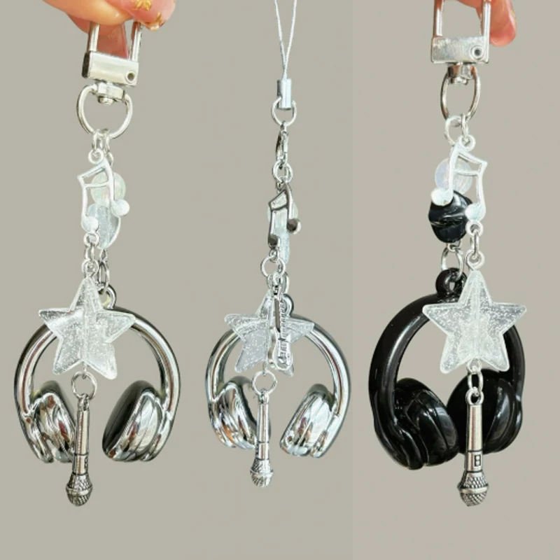 Porte-clés mignon en forme d'écouteurs, pendentif guitare et microphone, chaîne de téléphone, lanière, breloques pour sac à dos, cadeaux