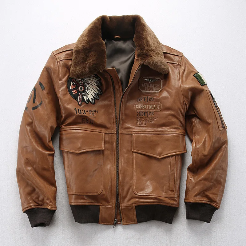 Factory 2024 Men Embroidery Indian Skull Air force flight A1 Pilot Sheepskin Jacket Casual Wool collar Real leather jacket