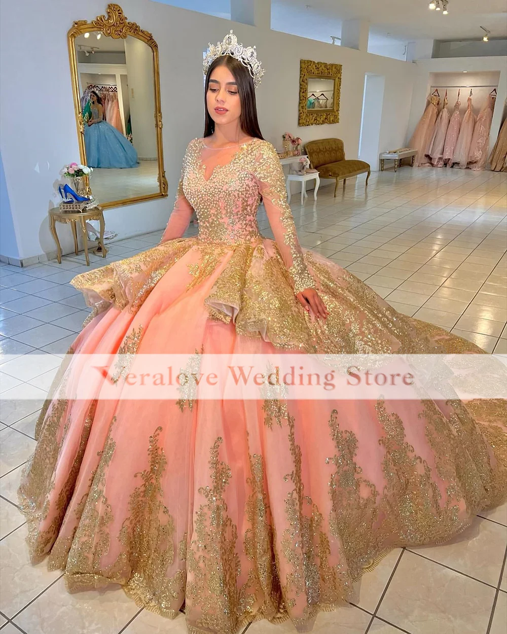 Princesa Quinceanera Jurken Baljurk Lange Mouwen Applicaties Lace Girl Sweet 16 Jurken Vestidos De 15 Anos Custom Made