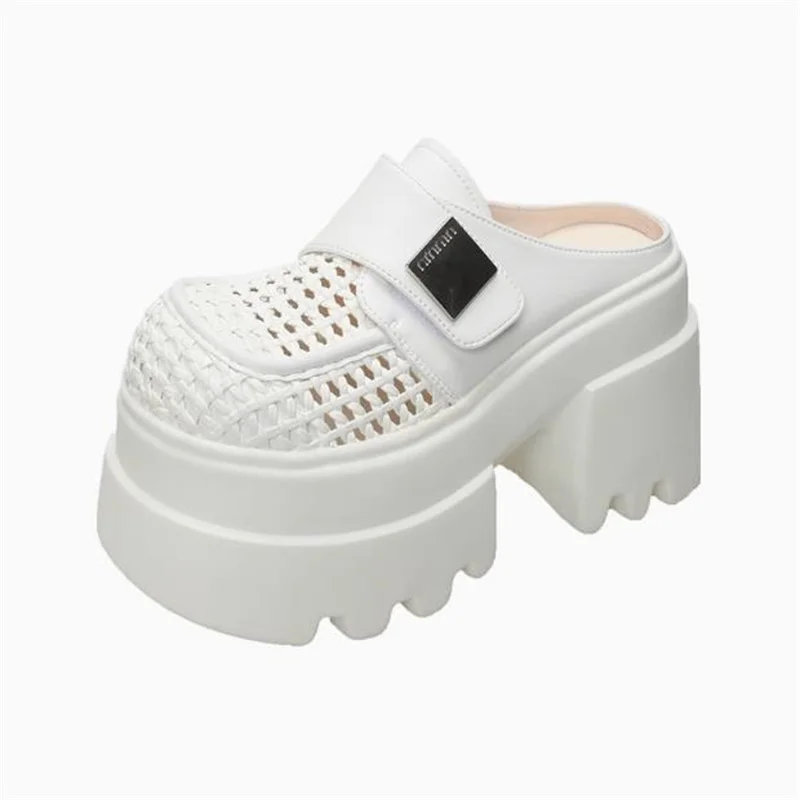 امرأة النعال الجلدية الاصطناعية الانزلاق على 10 سنتيمتر منصة صندل خشبي المرأة الصيف تنفس عالية الكعب مكتنزة النعال 34-39 #3