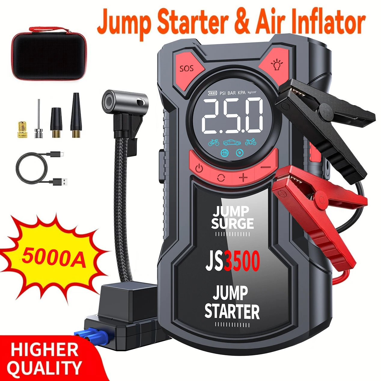 

Car Jump Starter with Air Pump 5000A Peak Starter Box 150PSI Digital Tire Inflator Car Battery Jump Starter With Air Compressor