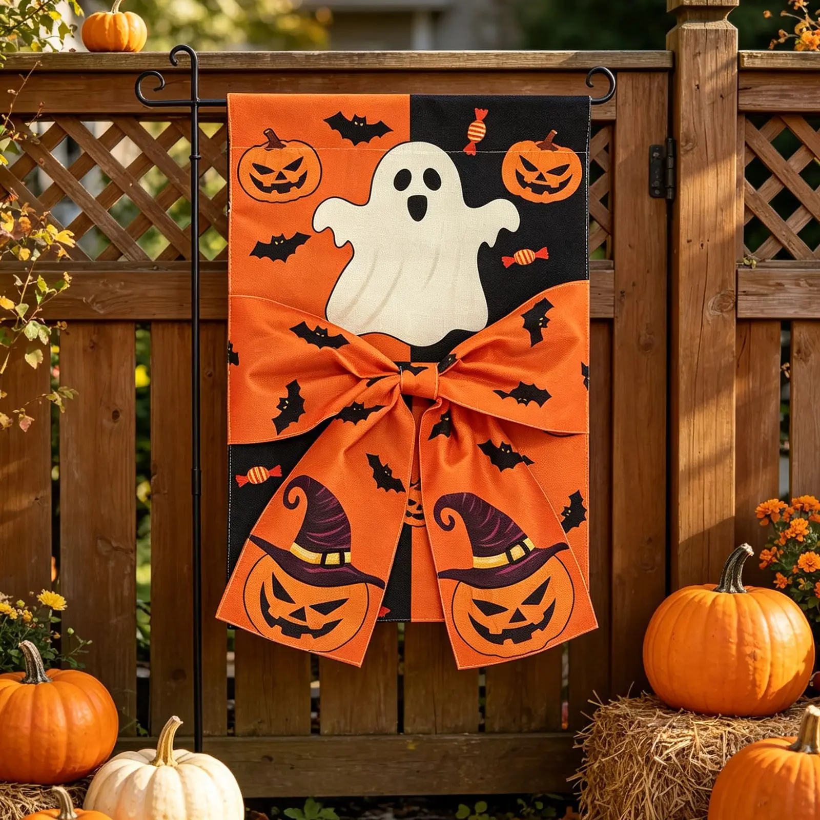 2PCS Halloween Garden Runner Digital Printing Double-Sided Linen Fabric Bow Decorative Courtyard Runner