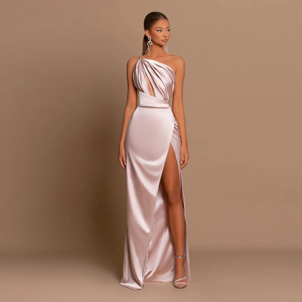 

One Shoulder Satin Solid Formal Evening Dress Sexy Sheath Side High Slit Long Evening Gown with Court Backless vestidos de novia