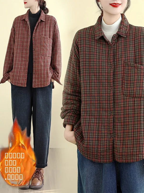 

Winter 2025 New Sle Plaid Slimming Casual Loose Cotton Jaet Warmth Outerwear Korean Version Thiened Long Sve