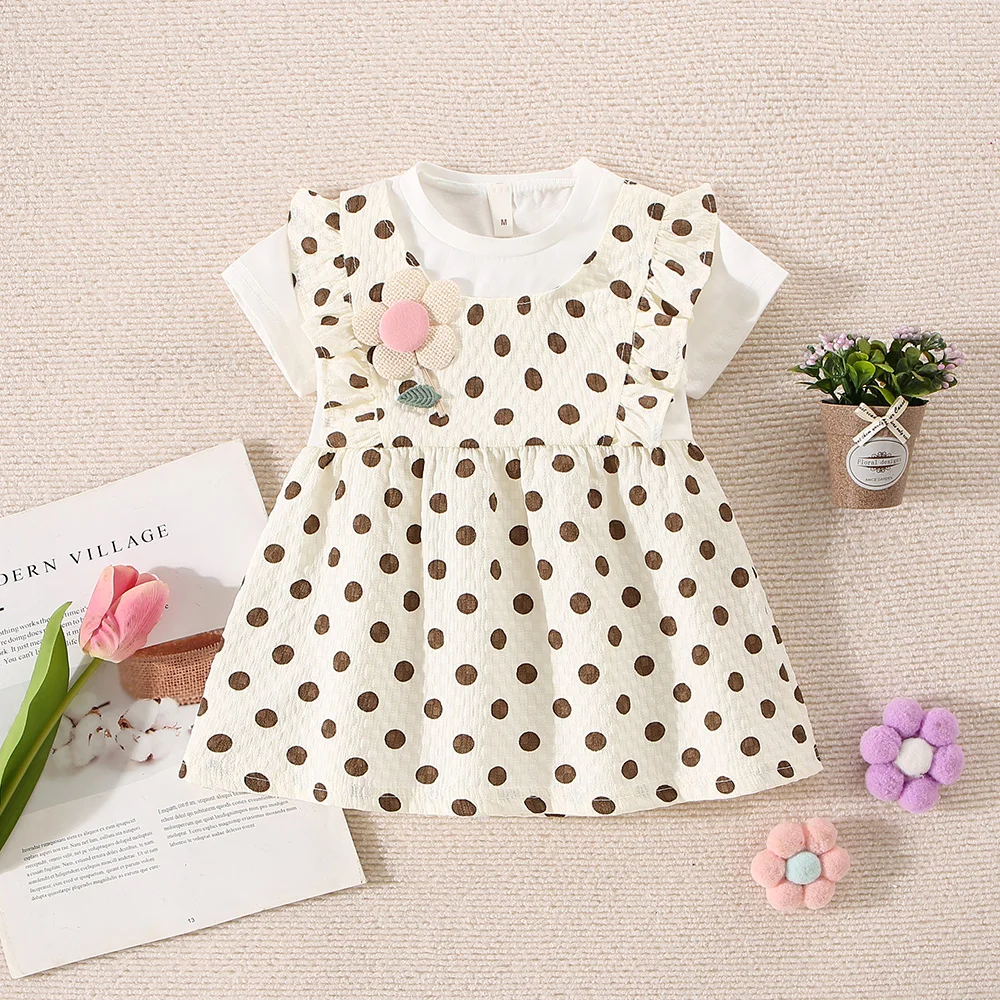 Summer Baby Girl Dress New White Short Sleeved Top Polka Dot Small Flying Sleeve Dress Fake Two Pieces For Girls