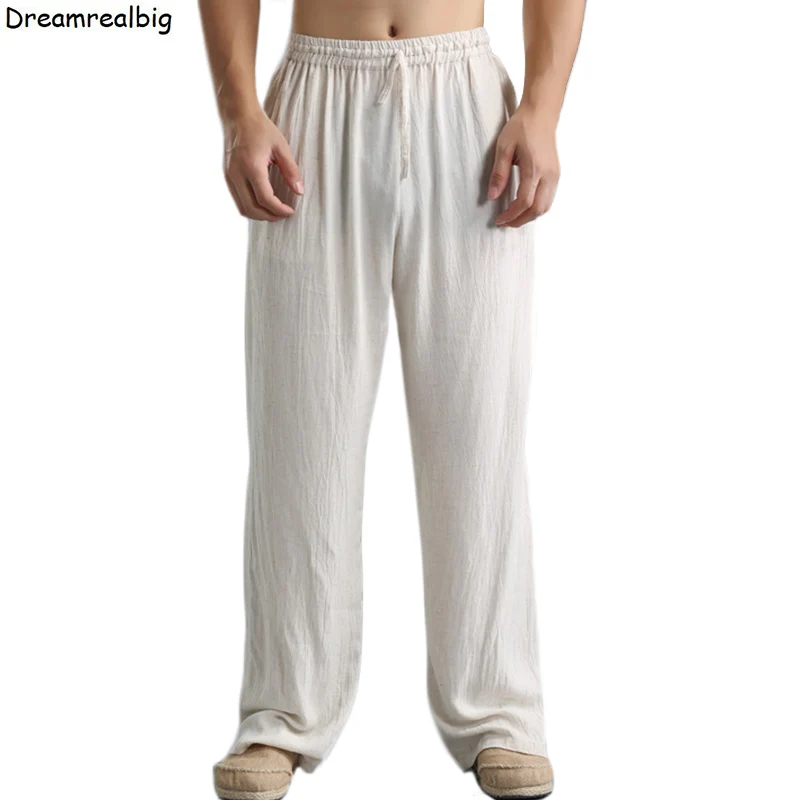 

Cotton & Linen Men Thin Casual Pants 2023 Summer Straight Fit Elastic Waist Mens Beige Leisure Trousers