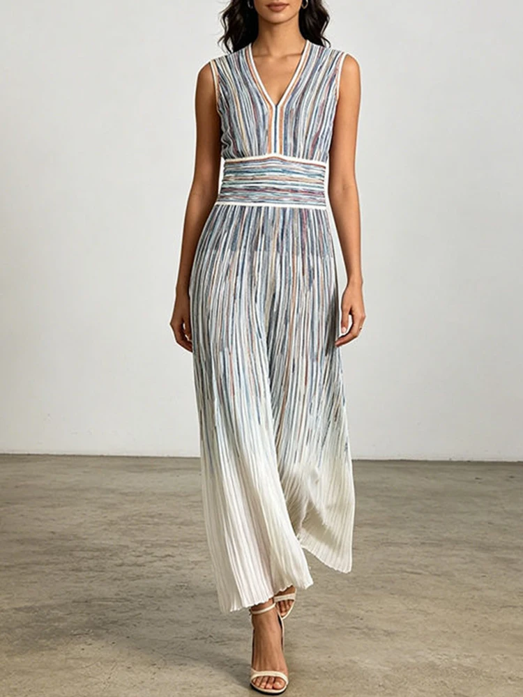 Designer retro gradient colorful striped v-neck knitted dress 2026 summer women's stretch elastic waist sleeveless sundress