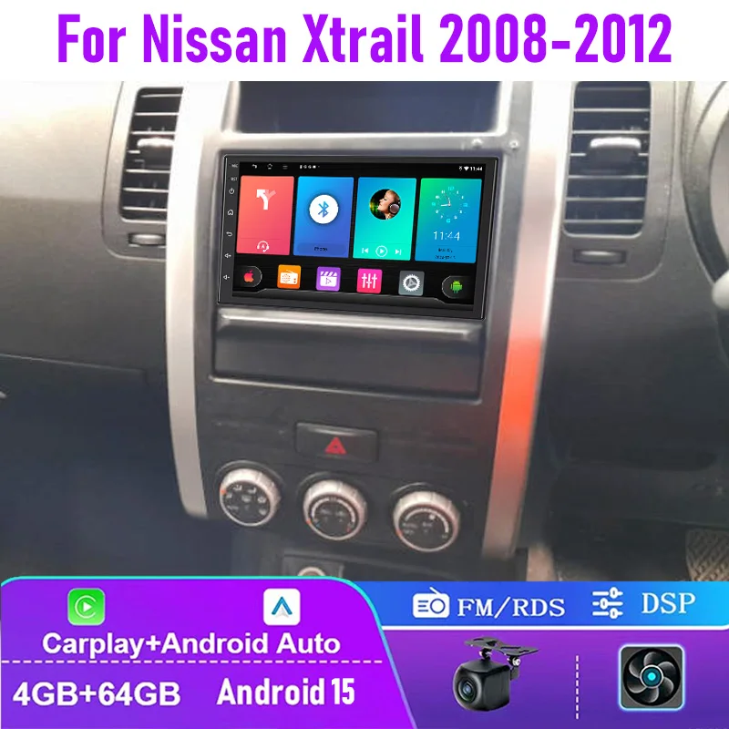 

7" 4+64GB For Nissan Xtrail 2008-2012 Car Radio Carplay Google Map Android 15 Auto Steering Wheel Control Stereo