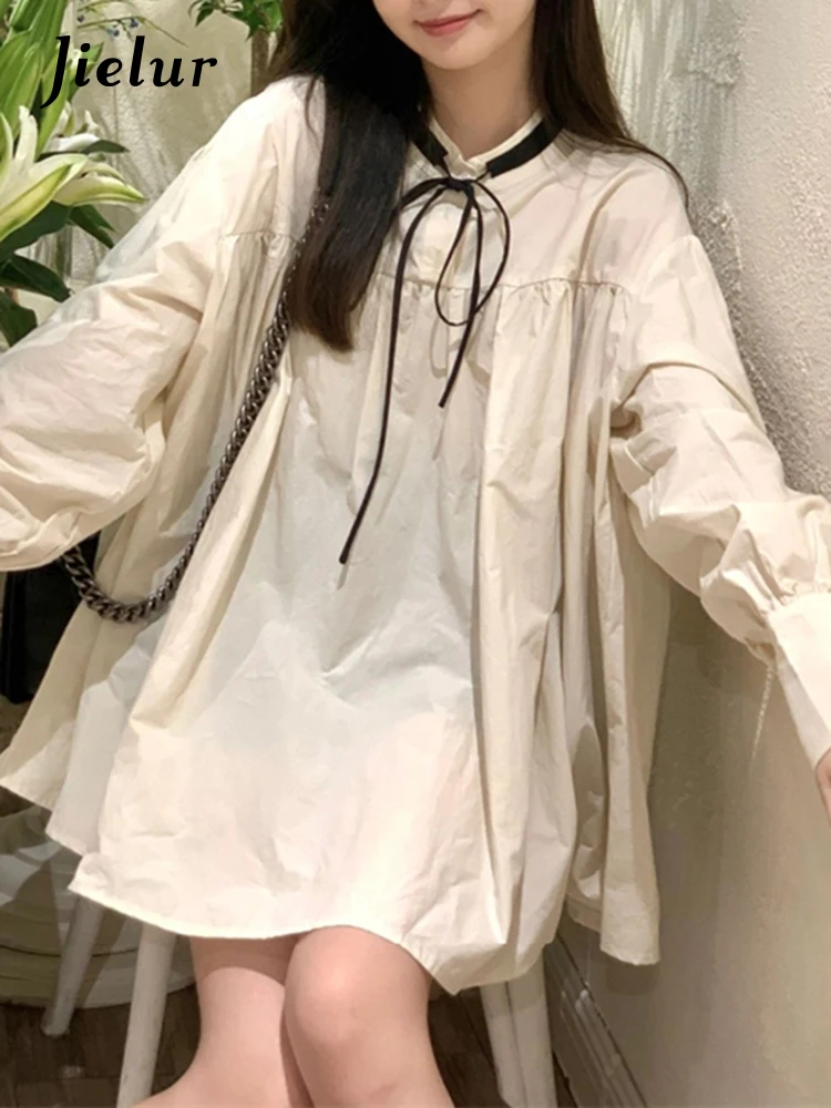 Jielur Solid Color Elegant Lady Dress Long Sleeve Sweet Girls Dresses Spring Summer Simple Mini Dress Casual One Piece Dress Y2k