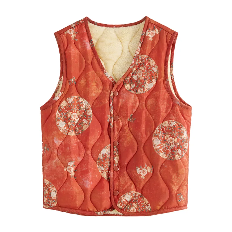 

New Women'S Fashionable Printed Autumn And Winter Casual Warm Vest Female Versatile V-Neck Thick Outerwear Shoulder Waistcoat