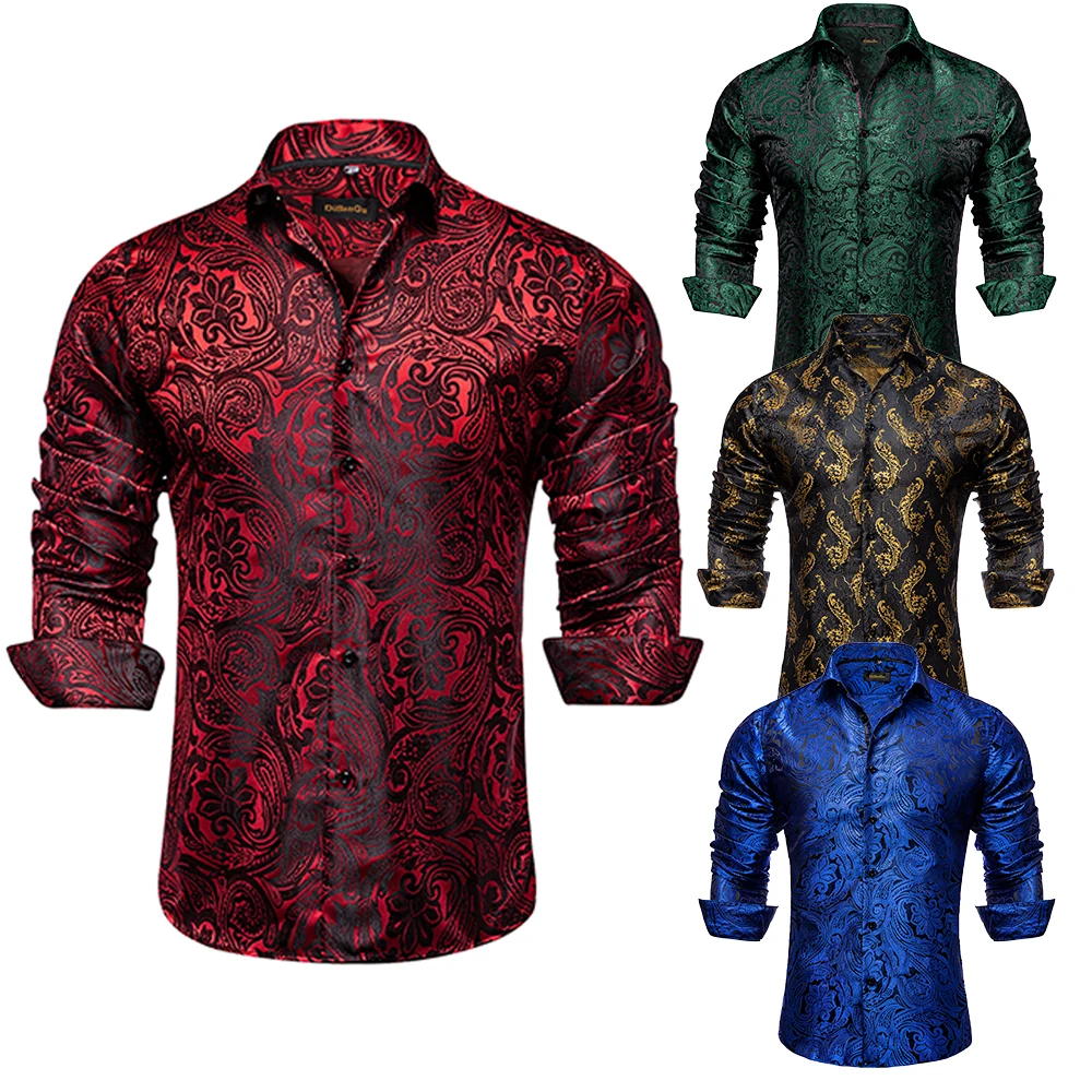 Luxury Men's Long Sleeve Shirts Red Green Blue Paisley Wedding Prom Party Casual Social Shirts Blouse Slim Fit Men Clothing