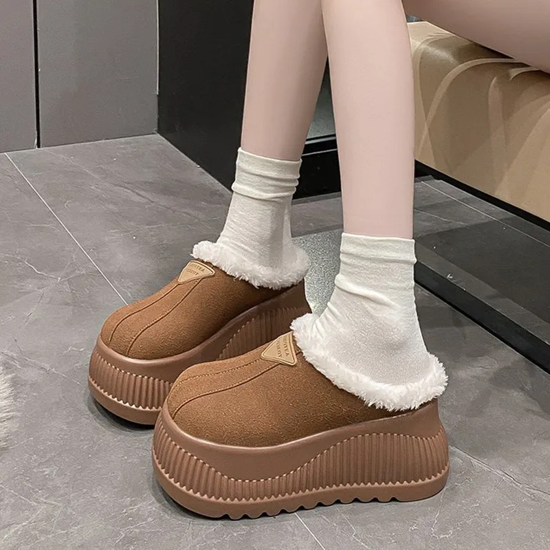 2026 Women Platform Fur Slippers Suede Mules Shoes Winter Trend Casual Snow Boots Short Plush Warm Cotton Shoes 11CM High Heels