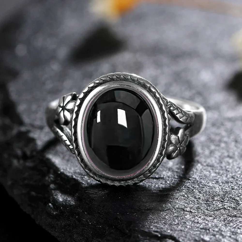 S925 Silver Natural Tiger Eye 8*10mm  Ring for Women Gift Flower Shaped Black Agate Ring Fashion Jewelry