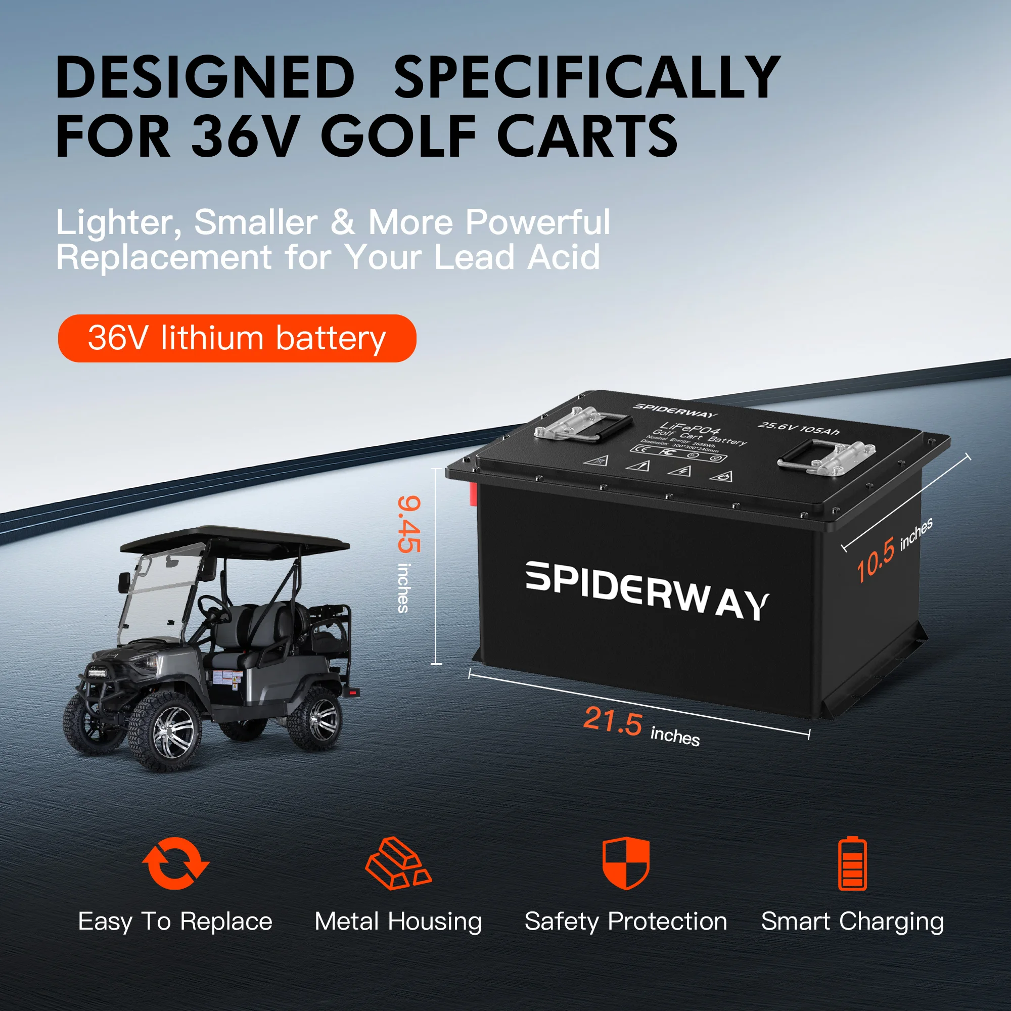 36V 105Ah Golf Cart Lithium Battery, Built-in 200A BMS, 6000+ Cycles Rechargeable LiFePO4 Battery for EZGO RXV TXT
