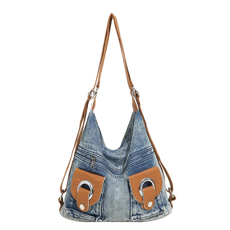 Denim Casual Shoulder and Crossbody Bags Zipper Versatile Large Capacity Backpack for Women 2024 Fashion Tote Designer New Style