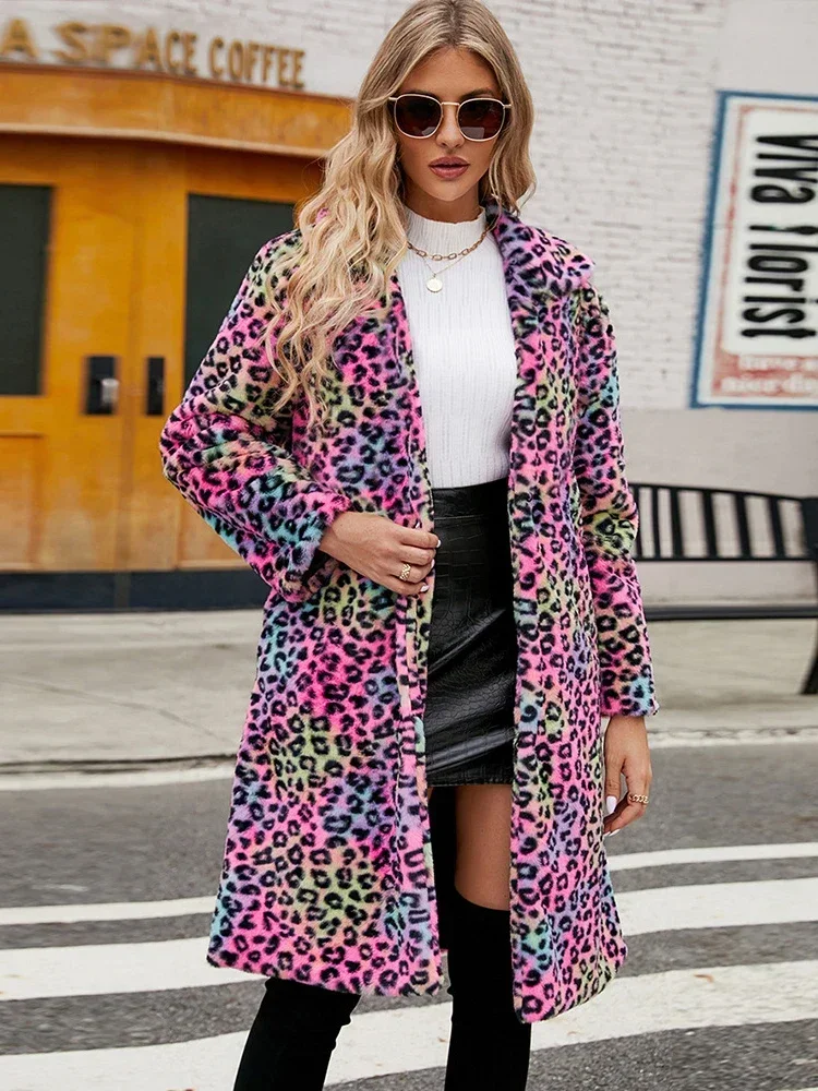 Winter Women's Warm Faux Fox Fur Long Coat Leopard Leisure Long Jacket Windbreaker Women Thick Fluffy Luxury Bontjas Outerwear