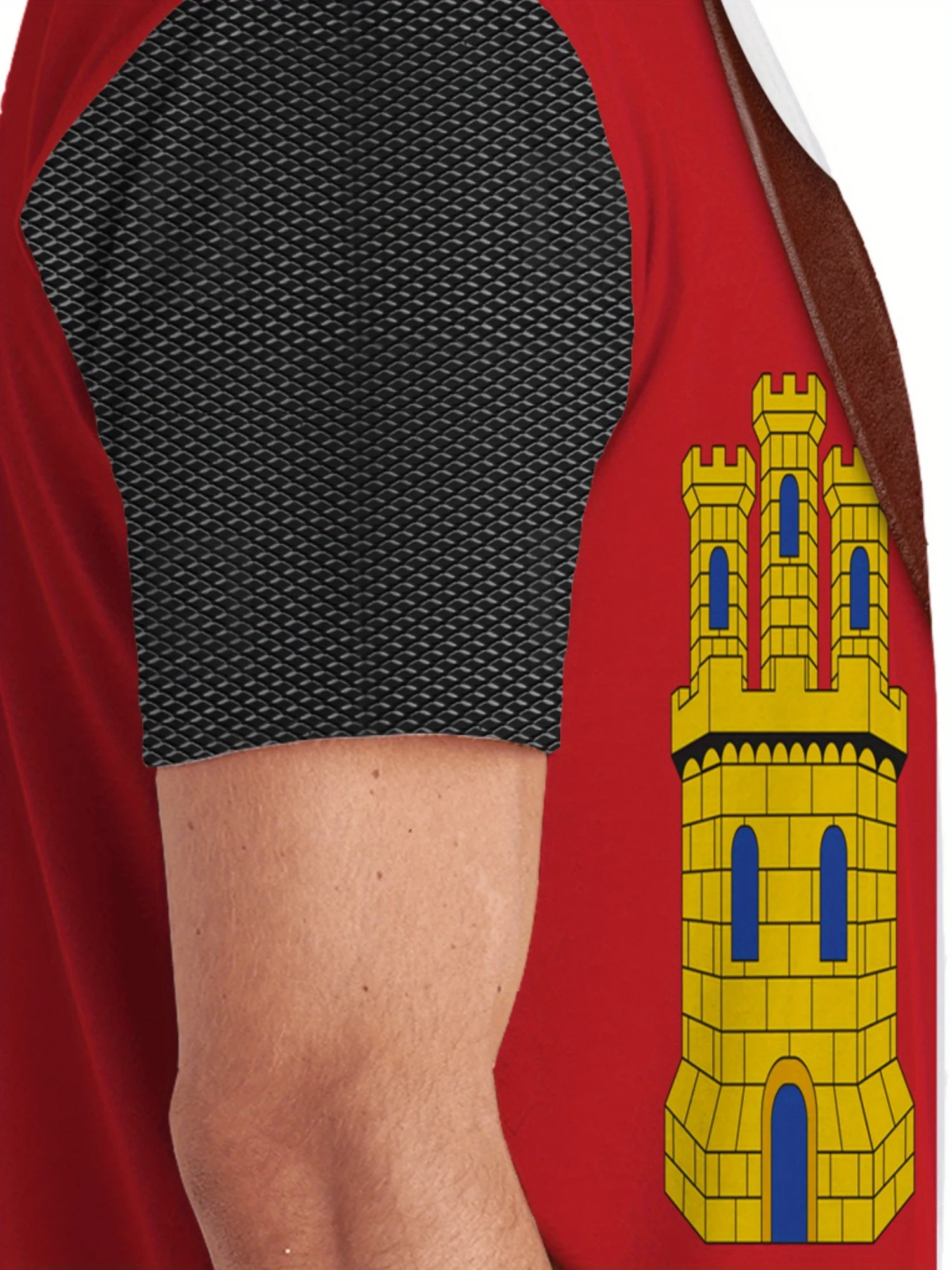 Men's Retro Medieval Knight 3D Print T-Shirt - Short Sleeve, Red & White Geometric Design with Castle & Dragon Emblem