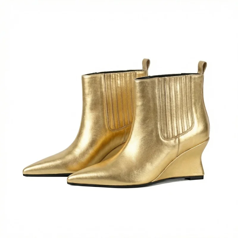 Women Ankle Boots 7.5cm Wedge Heel Elastic Band Gold Spring Autumn Multi-Color Plus Size 35-45 Casual Pointed Toe Short Booties