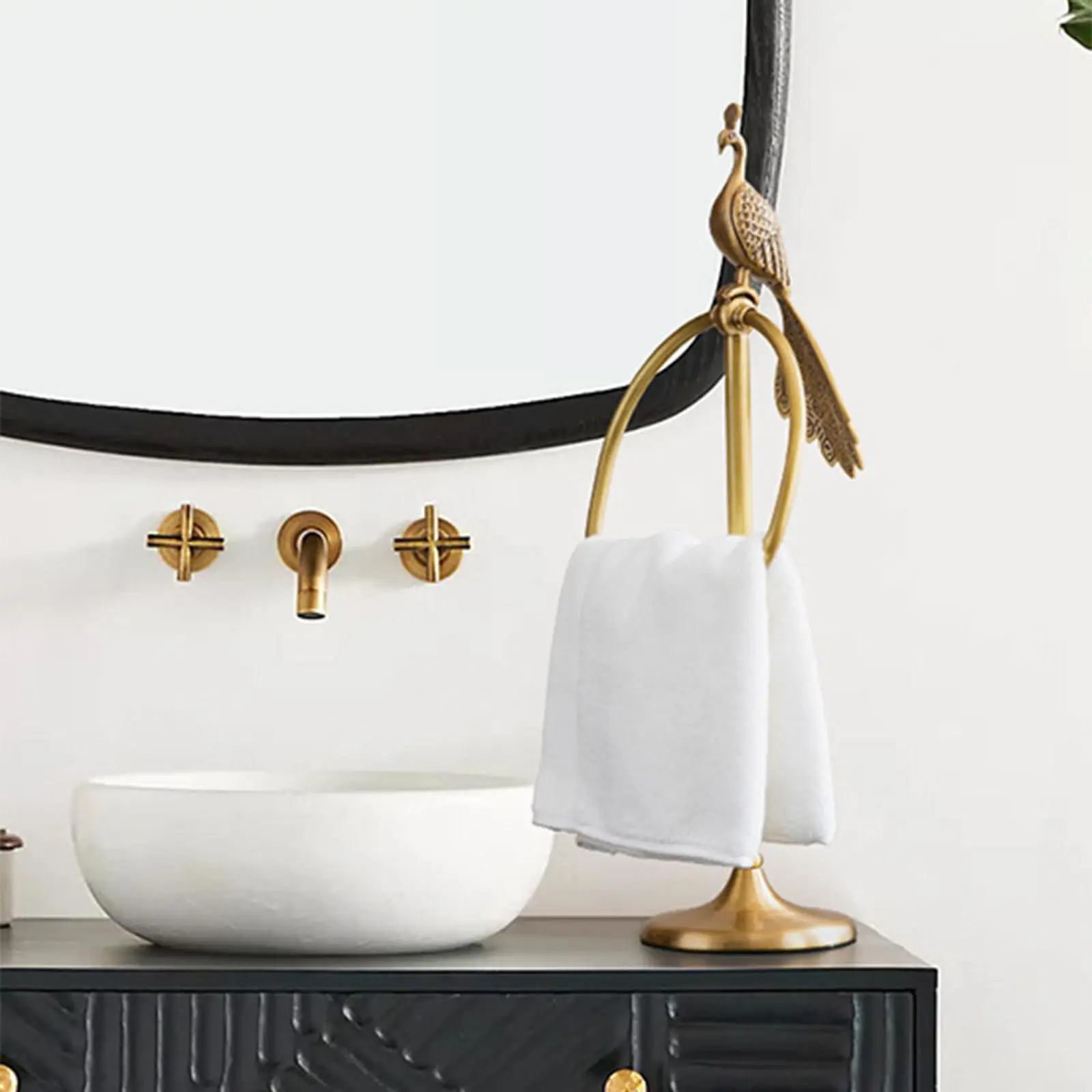 

Decorative Brass Towel Hanger Peacock Stand Elegant Towel Ring Free Standing Bathroom Rack for Cabinet and Kitchen