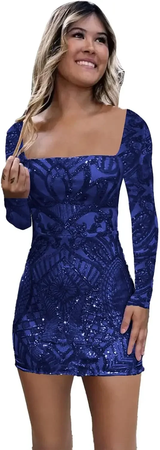 Платья для выпускного вечера Женские кружевные платья с длинными рукавами и блестками для встречи выпускников Короткое облегающее блестящее коктейльное платье для выпускного с квадратным вырезом