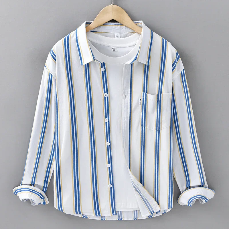 

Spring Korean Style Striped Long Sleeve Shirt Men Daily Casual Shirts Pure Cotton New in Shirts Man Lapel Pocket Shirt Youth Top