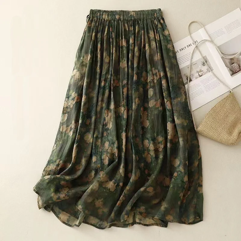 2024 New Summer Vintage Literary Ladies Skirts Floral Print Age-reduced Large Swing Bohemian Holiday Beach Skirts for Women