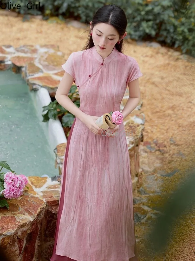 Розовый Cheongsam, женская одежда, милое элегантное темпераментное платье, широкие брюки, комплект из двух предметов, улучшенное Ципао