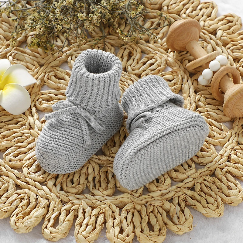 Infant Baby Shoes Knit Cotton Boys Girl Boots Fashion Tie Solid Newborn Walk Bed Footwear Toddler Kid Clothing Accessories 0-18M