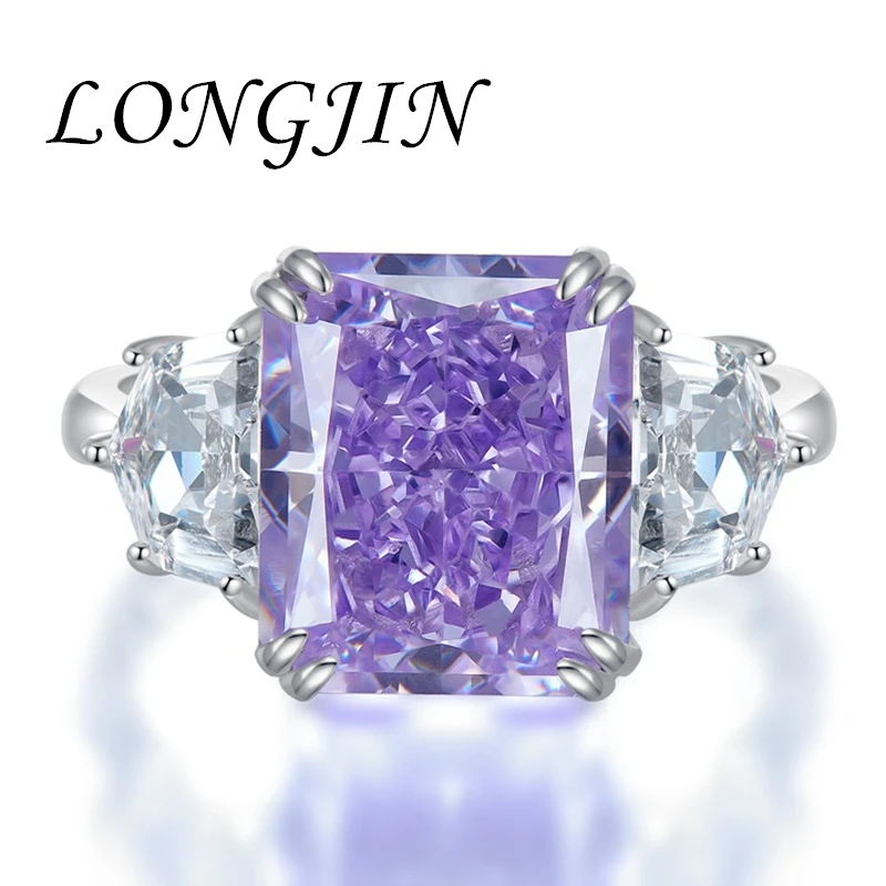 

LONGJIN S925 Sterling Silver Ice Flower Cut 8*10mm Purple High Carbon Diamond Ring for Women's Jewelry Luxurious Cocktail Party