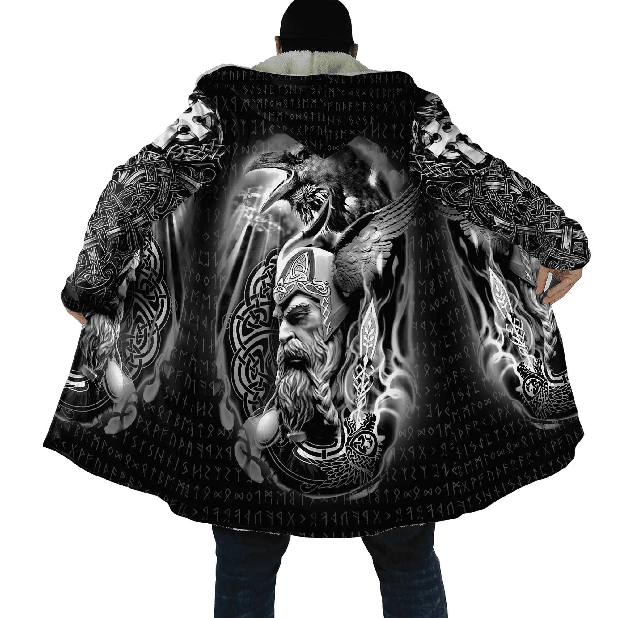 

Mens Cloak Mjolnir Odin Raven Wolf Tattoo 3D All Over Printed Fleece Hooded Cloak Unisex Casual Thick Warm Cape coat PF79