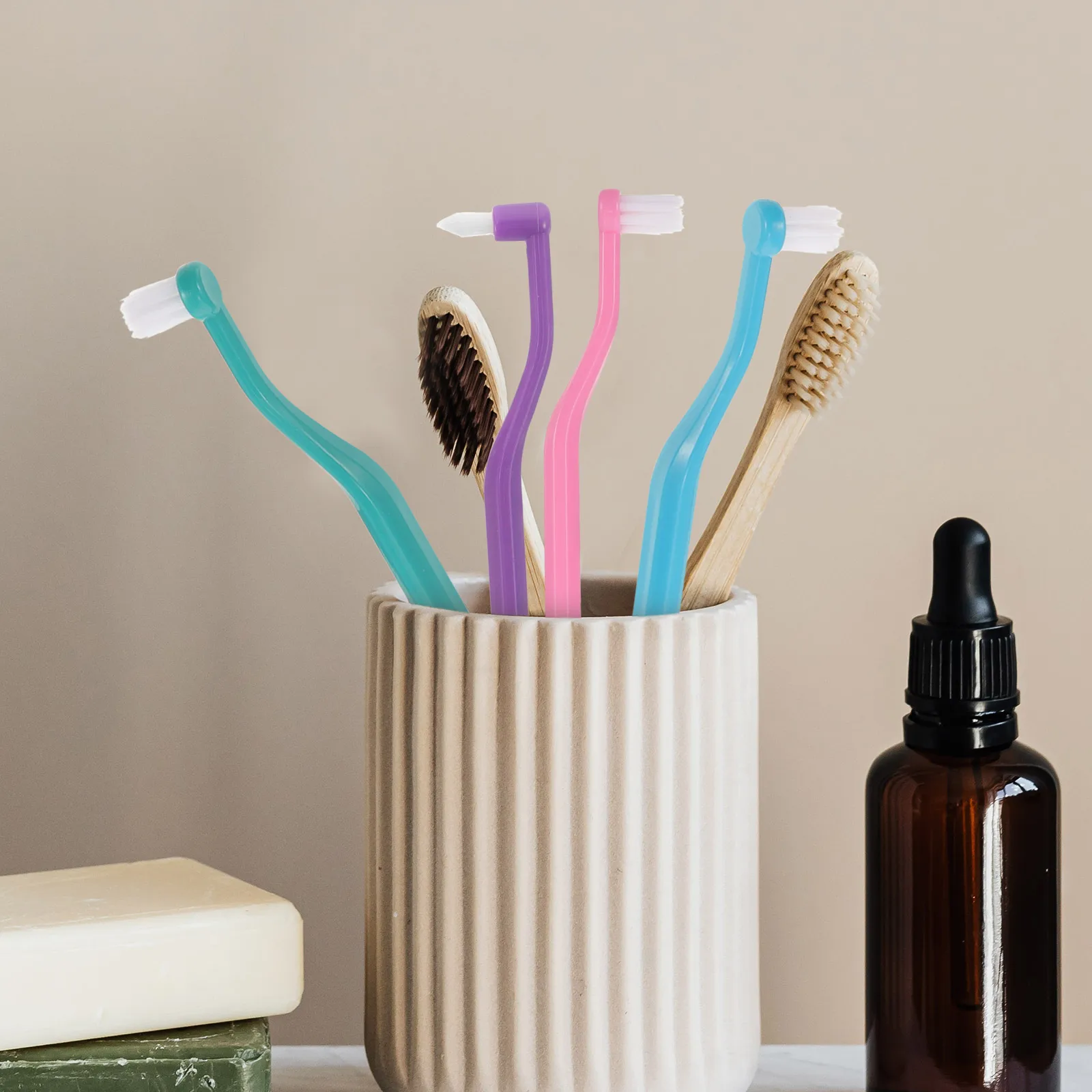 

4 Pcs Double Headed Toothbrush Ergonomic Interspace Brush Deep Green Blue Pink Purple Compact Travel Daily Use Oral Care