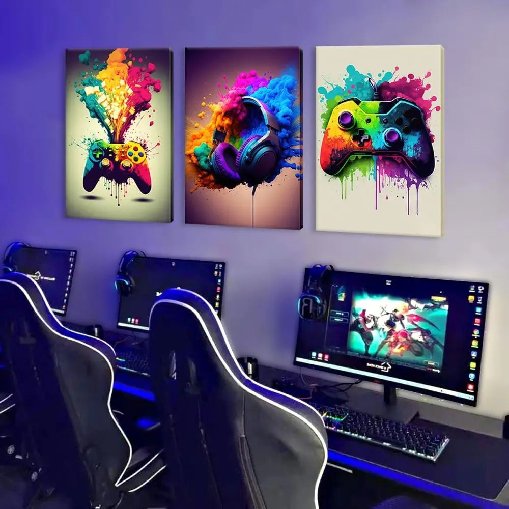 3-Piece Game Room Wall Art: Colorful Video Game Controller & Headphones Neon Prints, 16x24
