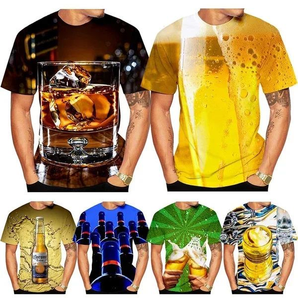 

Fashion Color Funny T-shirt Hip-hop Short-sleeved Shirt Summer Men's 3D Printing Casual Round Neck Beer T-shirt