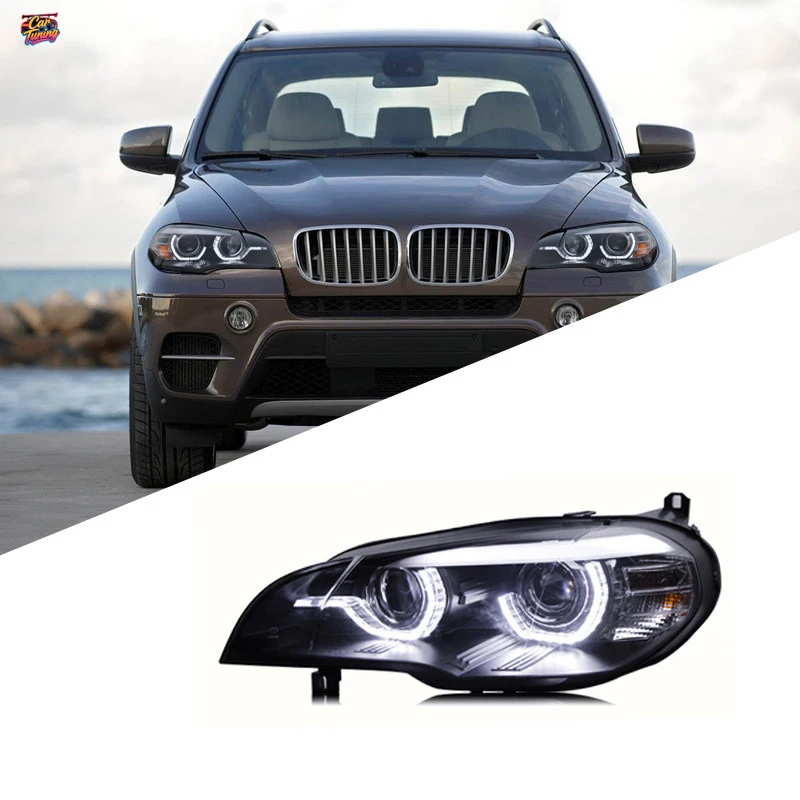 

Подходит для BMW X5 (E70) 2007-2011 годов выпуска, модифицированная фара в сборе с LED-ангельскими глазками, дневными ходовыми огнями и биксеноновыми линзами.