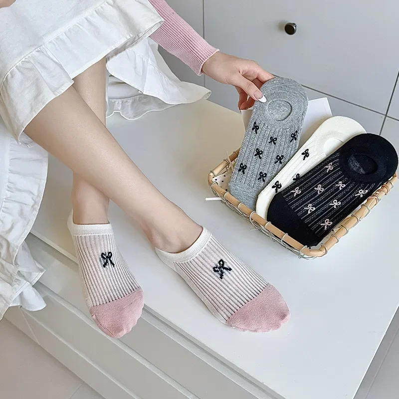 Women Cute Spring Summer New Bow Sweet No Show Socks Female Breathable Hollow Out Thin Sock Fashion Soft Shallow Invisible Socks