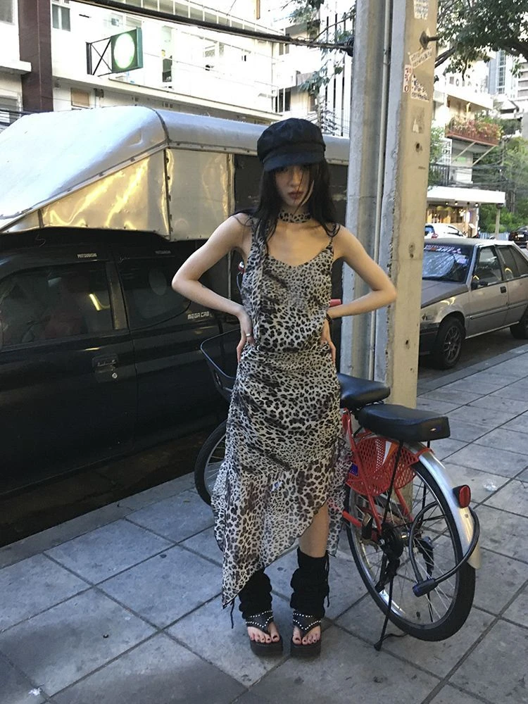 Vestido Retro con estampado de leopardo para mujer, Vestidos irregulares ajustados sin mangas de verano 2025, Vestidos de calle Y2k con espalda descubierta