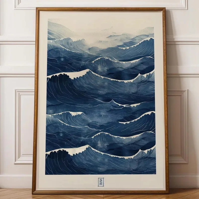Blue Waves Abstract Japanese Canvas Wall Art Poster Unframed Japandi Zen Style Poster for Wabi Sabi Living Room and Office De
