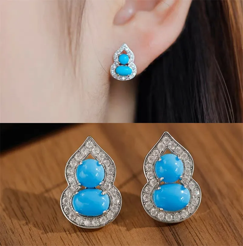 

Exquisite Natural Turquoise Gemstones Diamonds Small Gourd Stud Earrings for Women Pure Sterling Silver 925 Bijoux Jewelry Gift