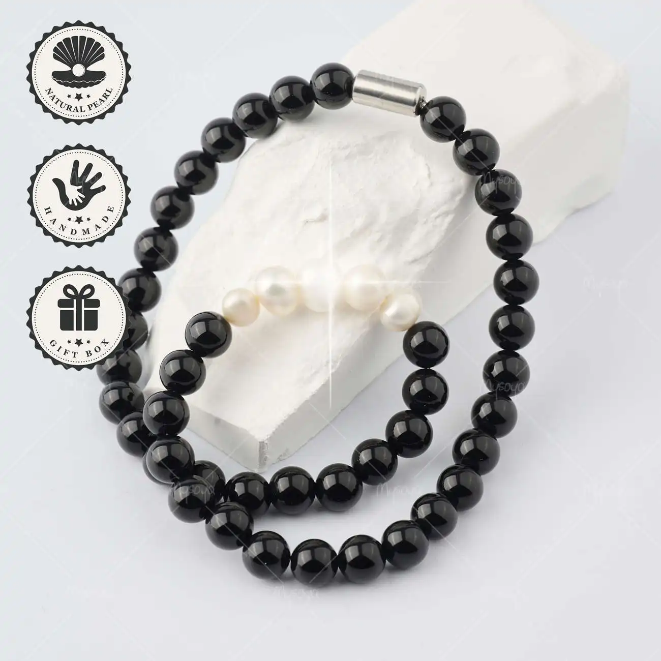 

MYSOYA Black Onyx & White Freshwater Pearl Necklace 8-9mm, Gift Box, Birthday & Anniversary Gift