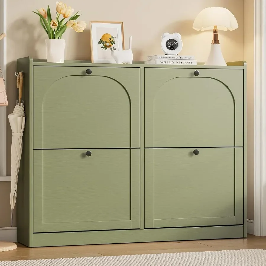 Shoe Cabinet with 4 Flip Drawers and 2 Side Hooks for Entryway