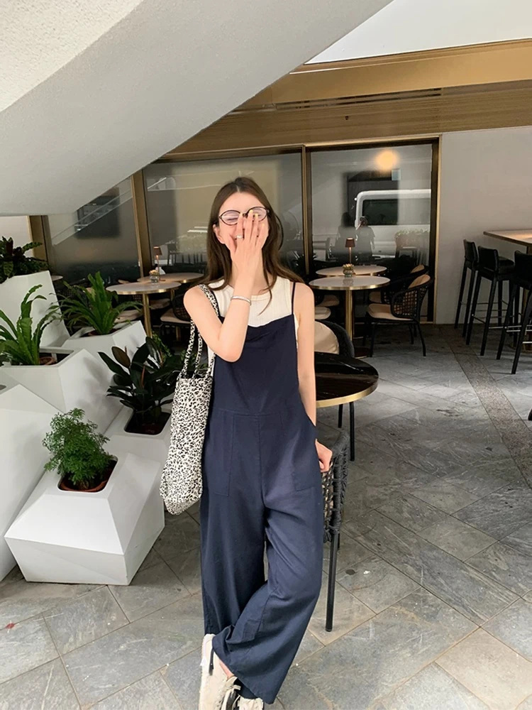 القطن الكتان إخفاء وزرة الأزرق المرأة فضفاضة مستقيم أنبوب السراويل الصيف التخسيس جديد وصول 2025 عمال تصميم الإحساس