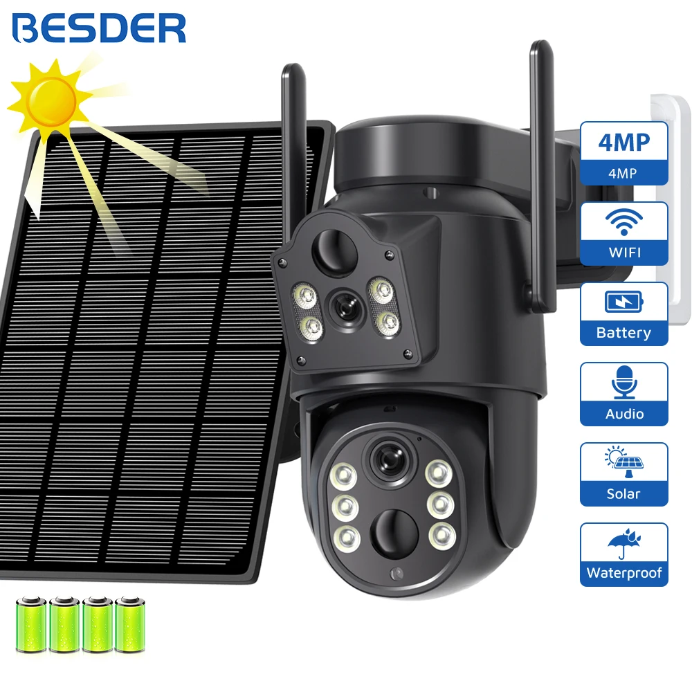 BESDER 4MP Wifi Solar Camera PTZ Outdoor Dual Screen Night Vision IP Camera Solar Panel 7800mAh Battery Recharge iCSee App