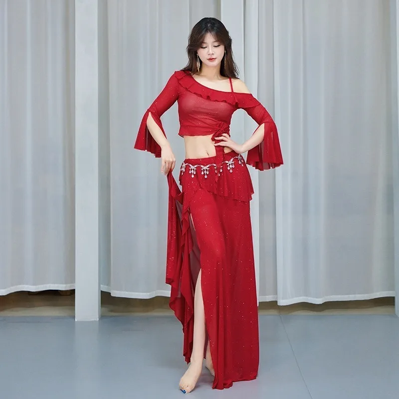 customized New belly dance costumes performance outfit mesh sequin sexy long skirt set Oriental dance practice outfit for women
