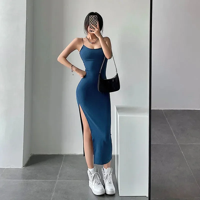 

Rimocy 2024 New Sexy Sleeveless Slim Long Dress Women Party Club High Split Spaghetti Strap Dresses Woman Bodycon Dress Female